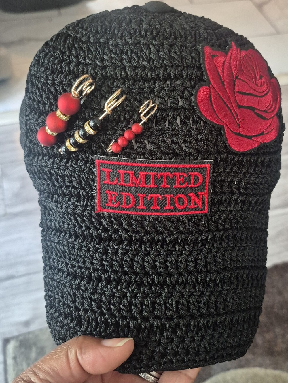 Handmade Limited Edition Black Trucker hat with Red Rose and Bead Accents